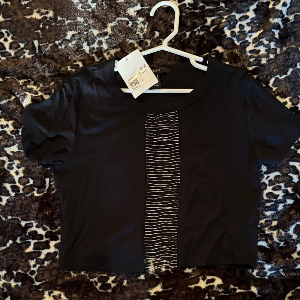 Forever 21 Black Crop Top with White Stripe Detail